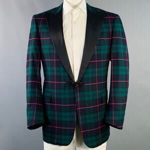 Size 44 Long Green Black Red Plaid Wool Peak Lapel Sport Coat